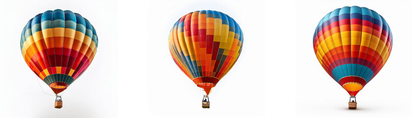 Obraz premium Three colorful hot air balloons with striped patterns against a white background.
