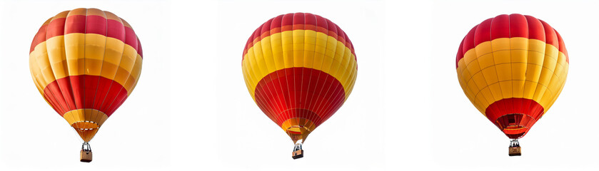 Three hot air balloons, red and yellow, float against a white background.