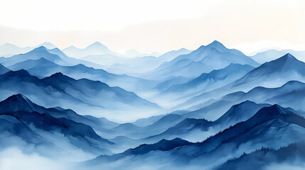 Fototapeta premium Matte Painting gouache in blue and grey colours, painting on white background of mountains in early modern impressionism