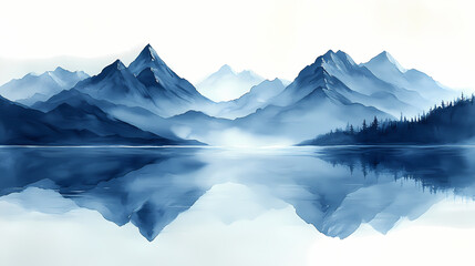 Fototapeta premium Matte Painting gouache in blue and grey colours, painting on white background of mountains in early modern impressionism
