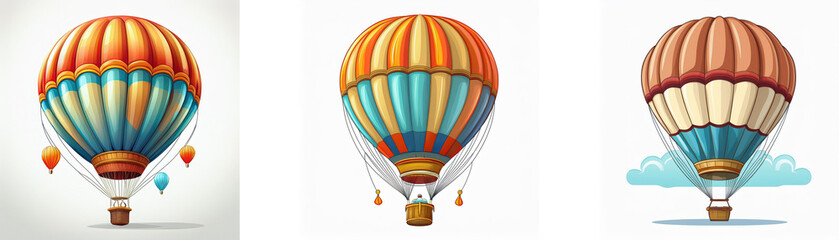 Obraz premium Three cartoon hot air balloons in various colors and designs with different backgrounds, including white and blue clouds.
