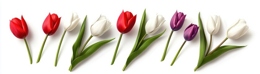 Fototapeta premium A vibrant row of tulips in red, white, purple, and pink, showcasing their elegant shapes and fresh green leaves against a clean white background.