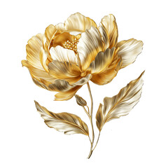 Golden poppy flower, leaves, 3d golden flower isolated on background