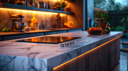 Modern kitchen with marble countertop and warm lighting