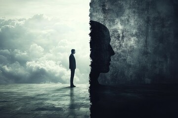 Businessman facing his alter ego emerging from a dark wall in a surreal landscape