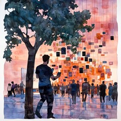 Obraz premium Man Using Smartphone under Hanging Digital Screens Crowd Tree Watercolor