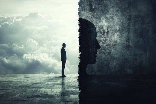 Businessman facing his alter ego emerging from a dark wall in a surreal landscape