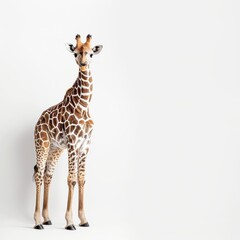 Obraz premium A young giraffe stands against a plain background, showcasing its distinctive spots and long neck, This image can be used in children's educational materials, wildlife conservation campaigns