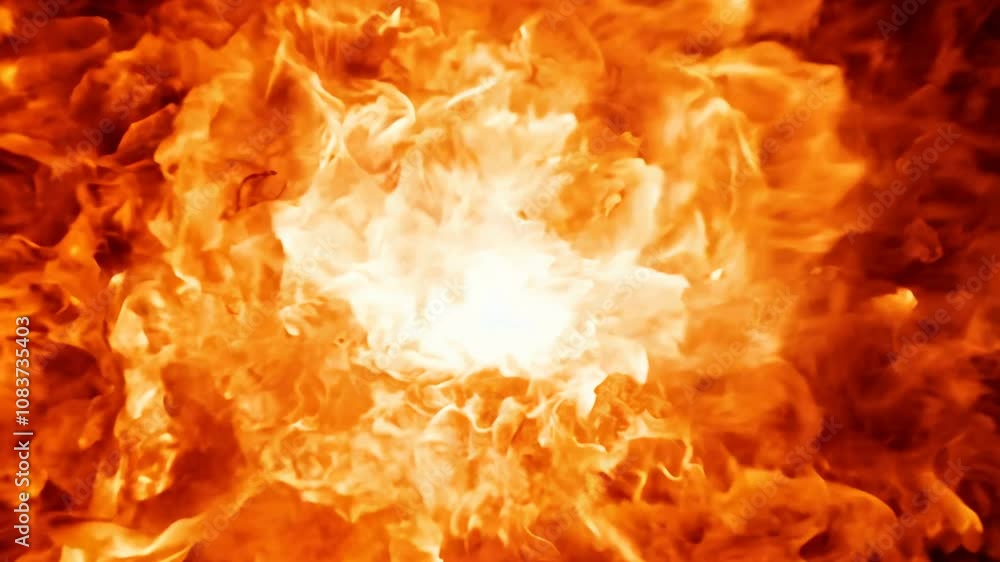 Poster camera pushes in towards a fiery explosion, filling the frame with oranges and reds, creating a shim
