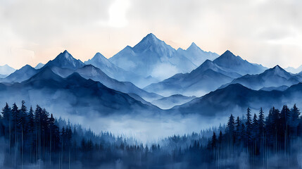 Obraz premium Matte Painting gouache in blue and grey colours, painting on white background of mountains in early modern impressionism