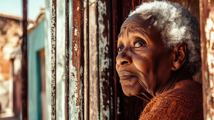 Emotional portrait of an elderly Black woman, her face marked by sadness, reflecting the burden of societal injustice, inequality, and the environmental crises exacerbated by systemic oppression