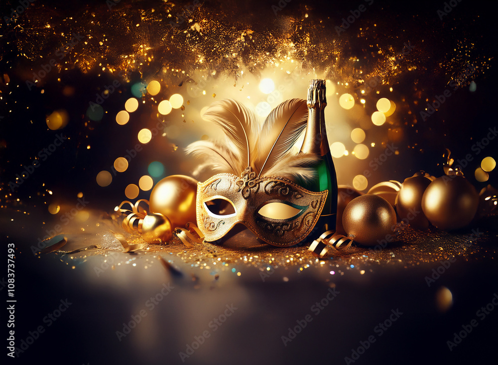 Poster a golden masquerade mask rests on a table with a bottle of champagne and gold baubles, surrounded by