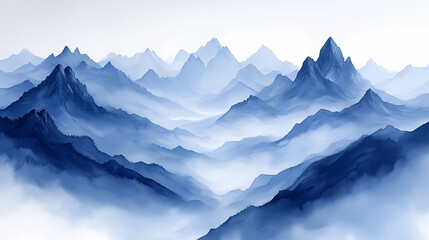 Obraz premium Matte Painting gouache in blue and grey colours, painting on white background of mountains in early modern impressionism