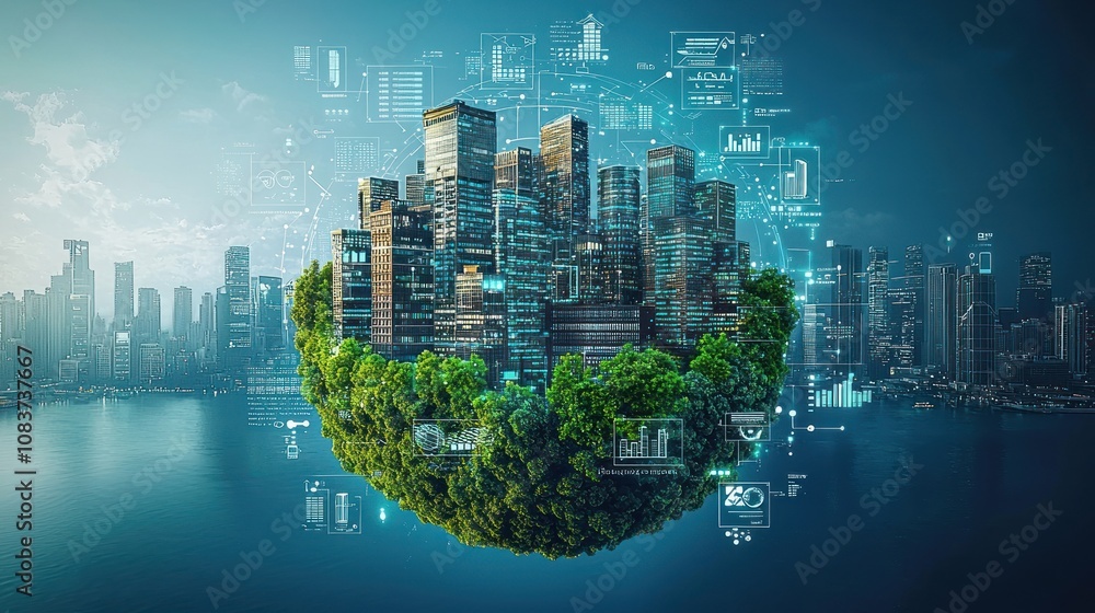 Poster A futuristic city skyline floating on a green sphere surrounded by data and graphs