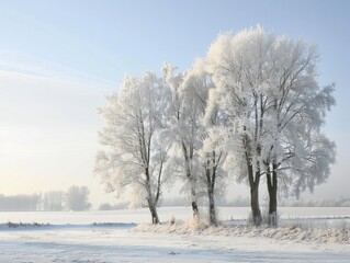Fototapeta premium Frost-covered trees in a winter landscape at dawn