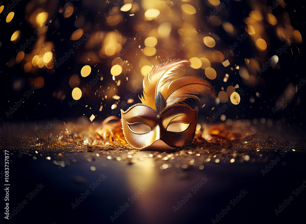Poster a gold masquerade mask lies on a dark surface with shimmering gold confetti and a bokeh background o