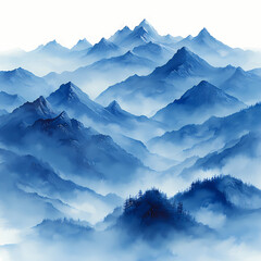 Fototapeta premium Matte Painting gouache in blue and grey colours, painting on white background of mountains in early modern impressionism