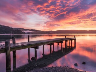 Sunset over calm water at a pier