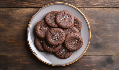 Delicious cookies with a layer of chocolate and jam on the table. Close-up. Baking. Chocolate cookies. Space for text. Copy space.