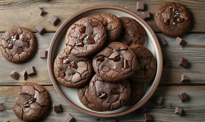 Delicious cookies with a layer of chocolate and jam on the table. Close-up. Baking. Chocolate cookies. Space for text. Copy space.