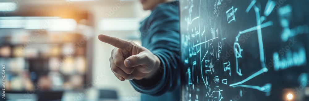 Poster a person pointing at a chalkboard filled with mathematical equations in a classroom setting.