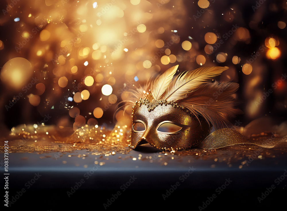Poster a gold masquerade mask with feathers and a ribbon rests on a dark surface with a blurred background 