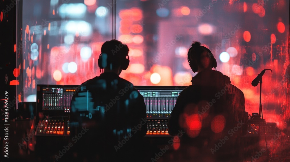 Aufkleber two individuals working in a sound studio with vibrant bokeh lights in the background.