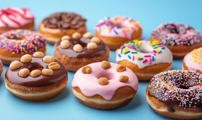 Bright colorful delicious donuts with sprinkles on a blue background. Sweet donuts with powdered sugar and nuts.