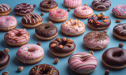 Bright colorful delicious donuts with sprinkles on a blue background. Sweet donuts with powdered sugar and nuts.