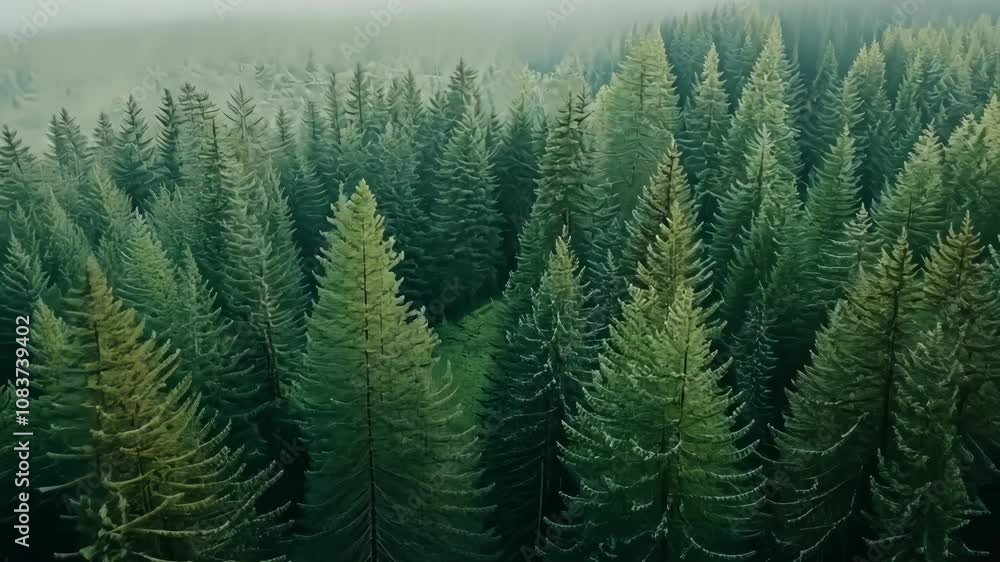 Poster lush evergreen trees fill the frame in a dense forest