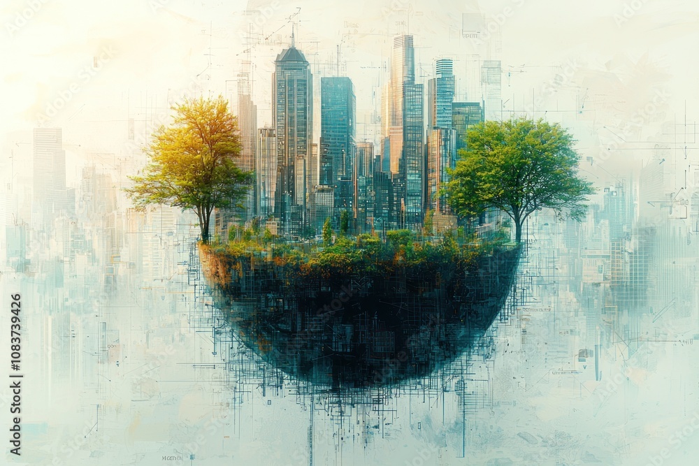 Poster a floating city skyline with trees, surrounded by an abstract cityscape