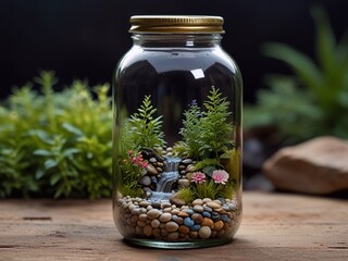Waterfall forest garden in a glass bottle