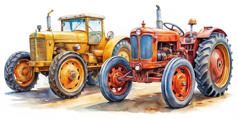 Vintage Farm Tractors Watercolor Illustration, watercolor, tractor, farming, agriculture, rural