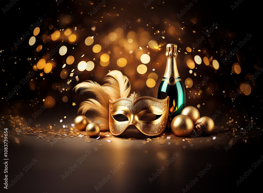 Poster a golden masquerade mask with feathers sits next to a bottle of champagne and golden ornaments, with
