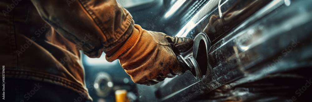 Poster A person in gloves is working on a vehicle, focusing on a part of its engine.
