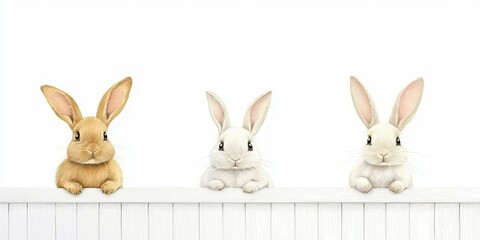 Obraz premium Three cute rabbits, one brown and two white, sit together on a white surface against a bright background.