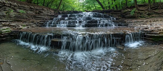 panoramic photo of waterfall in y structures at silver dimond state park.