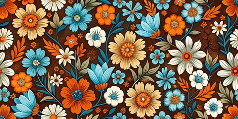 Retro Floral Pattern with White, Orange, and Blue Flowers on a Brown Background, vintage , 70s