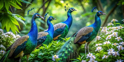 Obraz premium Peacocks in Lush Green Foliage with White Flowers, Birds, Nature, Wildlife