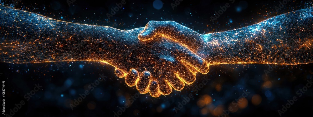 Poster Digital Handshake with Glowing Lines and Particles