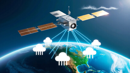 Obraz premium A satellite orbiting Earth with beams of light connecting to cloud icons on the surface, illustrating the role of satellite communication in global cloud connectivity.