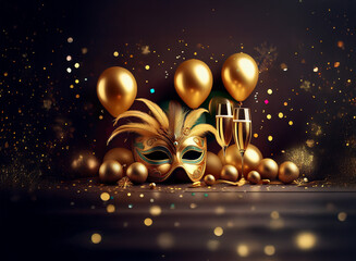 Naklejka premium A masquerade mask, two champagne flutes, and golden balloons rest on a dark wood surface with glittering confetti.