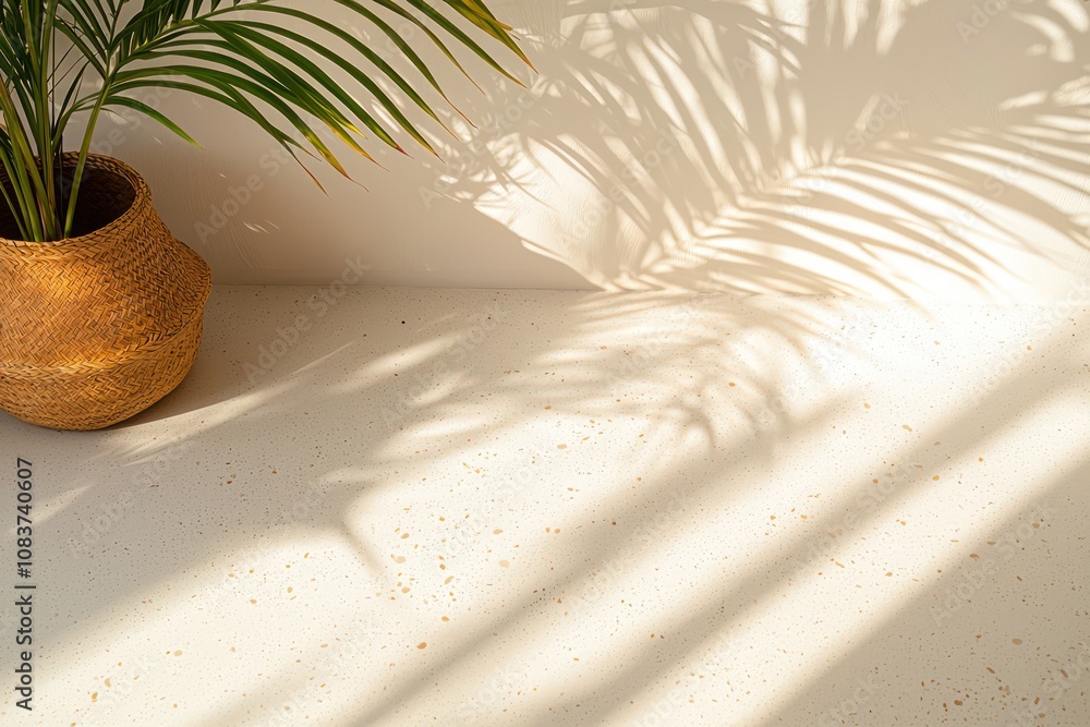 Poster palm leaf shadow casting on a light backdrop and cream-colored floor. tropical palm leaf shadows cre