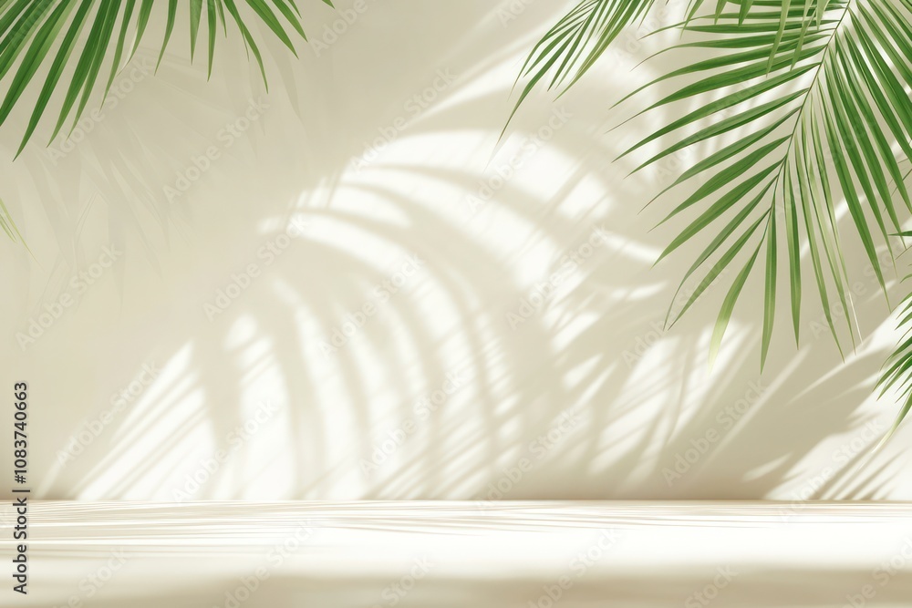 Poster palm leaf shadow casting on a light backdrop and cream-colored floor. tropical palm leaf shadows cre