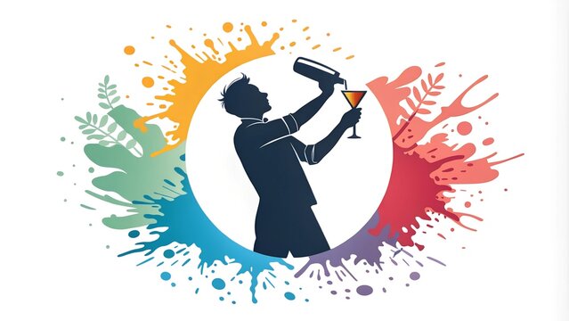 Silhouette of a bartender mixing a cocktail with colorful splash background