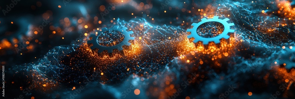 Poster abstract 3d render of gears with orange and blue sparks