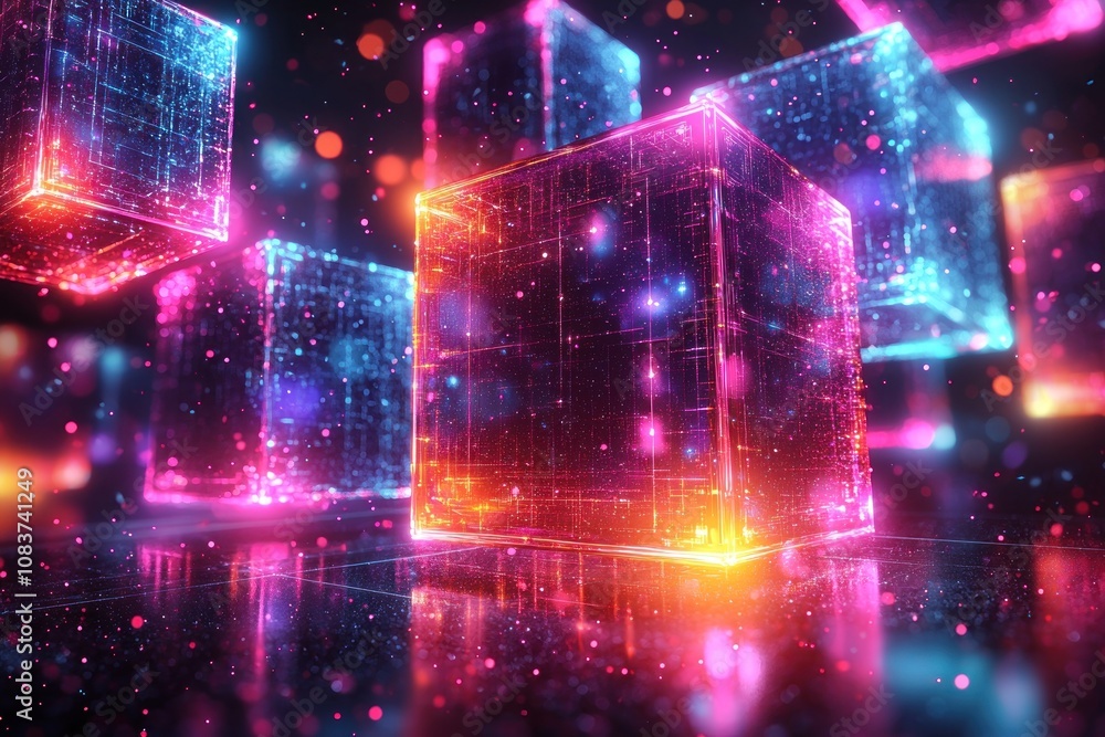 Poster Neon Cubes and Glowing Particles in a Dark Setting