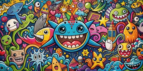 Naklejka premium Doodle Monster Galaxy A vibrant digital illustration with a playful composition of colorful creatures and objects. , doodle art, digital art