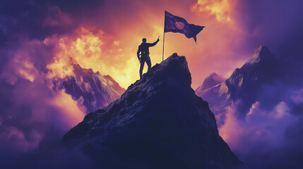 Man Standing on Mountain Peak Holding Flag Against Dramatic Sky
