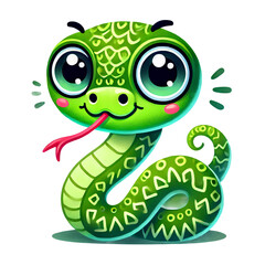 Fototapeta premium A cheerful cartoon snake with big eyes, a bright green patterned body, and a playful expression.
